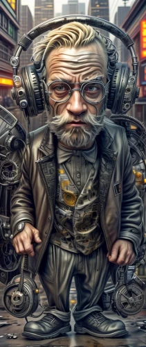 man with a computer,cybernetics,sci fiction illustration,3d man,computer art,gnome and roulette table,world digital painting,cyberpunk,chainlink,scrap dealer,image manipulation,icon magnifying,scrap collector,geppetto,biomechanical,photoshop manipulation,distorted,elderly man,streampunk,trip computer
