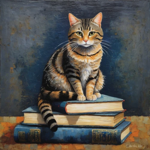 cat portrait,calico cat,american shorthair,toyger,tabby cat,oil painting,oil painting on canvas,scholar,cat image,cat on a blue background,pet portrait,cat european,bengal cat,bookworm,cat,author,oil on canvas,books,carol m highsmith,egyptian mau,Illustration,Abstract Fantasy,Abstract Fantasy 15