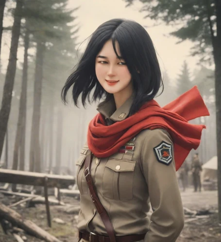 park ranger,mulan,scout,hanbok,parka,ranger,akita,korea,lady medic,cg artwork,red tunic,kosmea,red coat,honmei choco,combat medic,goki,medic,portrait background,ursa,japanese sakura background,Photography,Analog