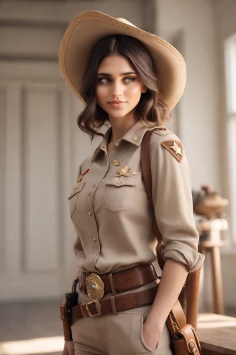park ranger,sheriff,policewoman,female doll,cowgirl,model train figure,officer,girl with gun,brown hat,the hat-female,countrygirl,girl with a gun,wild west,scout,western,lady medic,leather hat,military uniform,police officer,3d model,Photography,Cinematic