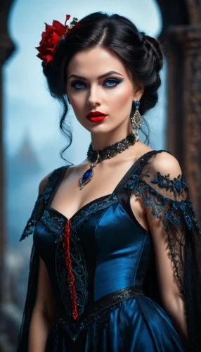 gothic woman,victorian lady,gothic portrait,gothic fashion,gothic dress,fairy tale character,gothic style,bodice,romantic portrait,vampire woman,queen of hearts,victorian style,blue enchantress,vampire lady,fantasy portrait,fantasy picture,blue rose,fantasy art,the carnival of venice,ball gown,Photography,General,Fantasy
