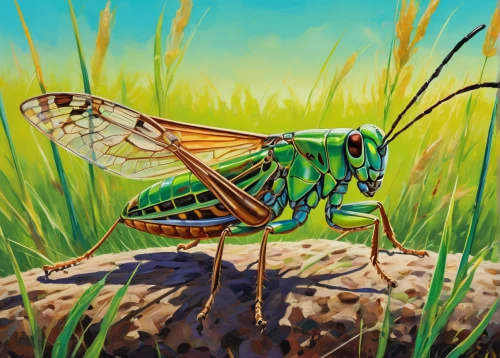 cicada,grasshopper,desert locust,mantidae,katydid,mantis,band winged grasshoppers,locust,blue-winged wasteland insect,field wasp,insects,jewel bugs,insect,cricket-like insect,loukaniko,canthigaster cicada,winged insect,halictidae,tiger beetle,patrol,Conceptual Art,Oil color,Oil Color 25