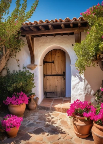 spanish missions in california,garden door,provencal life,home door,traditional house,bougainvilleas,fairy door,wooden door,the threshold of the house,exterior decoration,bougainvillea,door wreath,flowering shrubs,flower wall en,beautiful home,front door,ancient house,blue door,provence,cottage garden,Conceptual Art,Fantasy,Fantasy 31