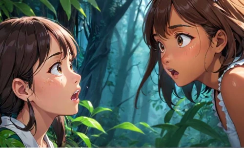 girl and boy outdoor,anime cartoon,honmei choco,two girls,in the forest,my neighbor totoro,studio ghibli,anime 3d,the girl's face,encounter,forest background,fairies,euphonium,game illustration,girl kiss,children girls,background images,garden of eden,chestnut forest,forest clover