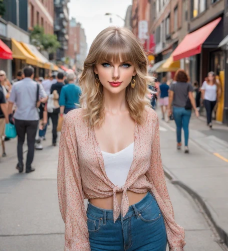on the street,model-a,tube top,model doll,toronto,barbie doll,new york streets,ny,beautiful girl,nyc,baby doll,in a shirt,model beauty,golden haired,sidewalk,porcelain doll,denim background,red lipstick,fashionista,fashion street,Photography,Realistic