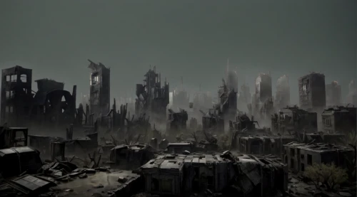 post-apocalyptic landscape,destroyed city,post-apocalypse,post apocalyptic,desolation,apocalyptic,wasteland,human settlement,necropolis,black city,dystopian,environmental destruction,deforested,scorched earth,dead earth,industrial landscape,sidonia,lostplace,doomsday,urbanization
