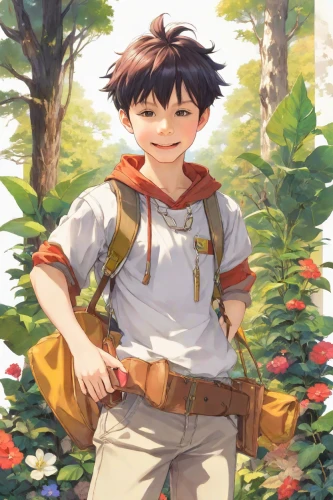 hiker,picking flowers,gardening,gardener,farmer in the woods,garden work,forest clover,forest man,overalls,postman,adventurer,wander,farmer,summer day,studio ghibli,apple picking,explorer,forager,scout,planting,Digital Art,Anime