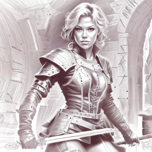 female warrior,paladin,swordswoman,fantasy portrait,fantasy art,fantasy warrior,heroic fantasy,fantasy woman,warrior woman,joan of arc,fantasy picture,sorceress,huntress,cuirass,assassin,ranger,world digital painting,sci fiction illustration,breastplate,librarian,Design Sketch,Design Sketch,Character Sketch