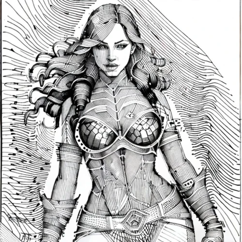 fantasy woman,scarlet witch,comic halftone woman,mono-line line art,wonderwoman,line-art,head woman,wonder woman,female warrior,barb wire,crosshatch,super heroine,breastplate,comic style,the enchantress,samara,mono line art,poison ivy,ronda,huntress,Design Sketch,Design Sketch,None