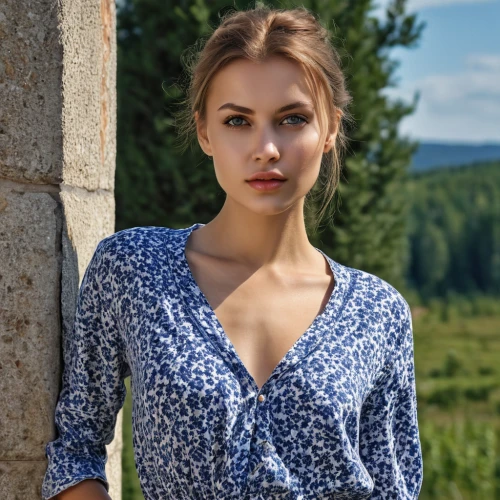 country dress,menswear for women,women's clothing,women clothes,girl in t-shirt,mazarine blue,blouse,women fashion,ladies clothes,bolero jacket,summer pattern,romantic look,countrygirl,female model,young woman,farm girl,blue checkered,one-piece garment,blue dress,model beauty,Photography,General,Realistic