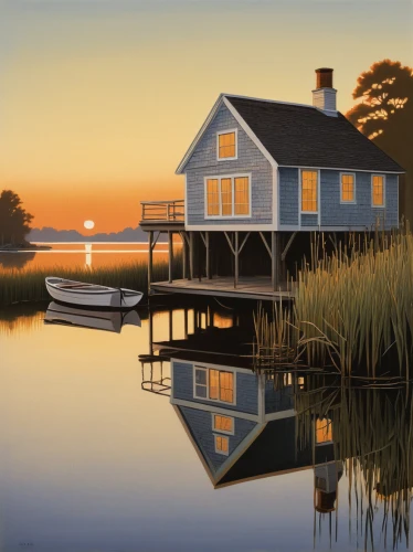 boathouse,house by the water,fisherman's house,summer cottage,bodie island,boat house,house with lake,floating huts,cottage,houseboat,cape cod,marsh,salt marsh,home landscape,water mill,stilt house,freshwater marsh,tidal marsh,boat shed,summer house,Illustration,Retro,Retro 15