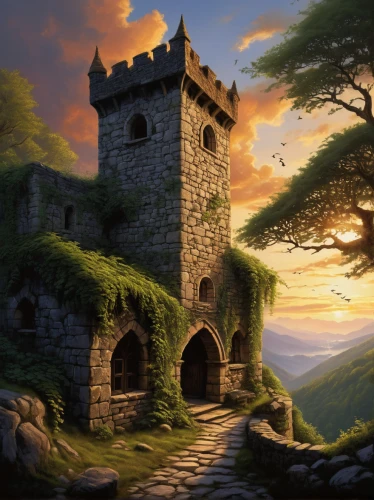 fantasy landscape,fantasy picture,castle of the corvin,knight's castle,ruined castle,castle ruins,summit castle,medieval castle,landscape background,ancient house,home landscape,fantasy art,fairy tale castle,castel,witch's house,watchtower,world digital painting,templar castle,kings landing,mountain settlement,Conceptual Art,Fantasy,Fantasy 28