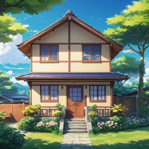 violet evergarden,summer cottage,wooden house,beautiful home,home landscape,small house,little house,house painting,country house,studio ghibli,traditional house,private house,house by the water,lonely house,cottage,country estate,ancient house,ginkaku-ji,sakura background,roof landscape,Illustration,Japanese style,Japanese Style 03