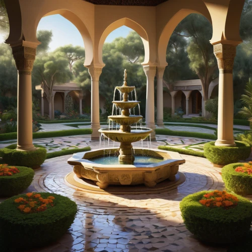decorative fountains,spa water fountain,stone fountain,water fountain,fountains,fountain,floor fountain,garden of the fountain,water feature,courtyard,moor fountain,fountain lawn,old fountain,alhambra,oasis,3d rendering,city fountain,persian architecture,august fountain,maximilian fountain,Art,Classical Oil Painting,Classical Oil Painting 26