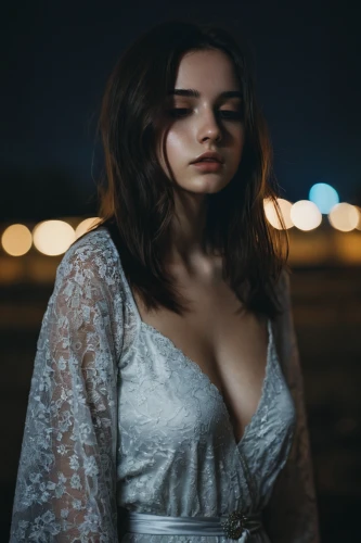 girl in white dress,photo session at night,woman portrait,girl in a long dress,nightgown,see-through clothing,young woman,romantic portrait,portrait photography,white dress,white winter dress,bokeh,a girl in a dress,the girl in nightie,torn dress,pale,romantic look,girl in cloth,depressed woman,portrait photographers