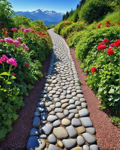 pathway,walkway,mountain stone edge,hiking path,stone wall road,stone garden,sidewalk,wooden path,paving stones,alpine flowers,flower borders,summer border,flower carpet,flower border,gravel stones,path,the mystical path,alpine route,paving stone,cobblestones,Illustration,Abstract Fantasy,Abstract Fantasy 10