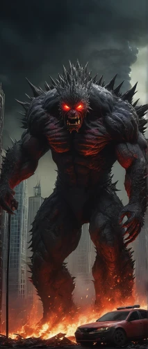godzilla,doomsday,king kong,wuhan''s virus,scorch,brute,angry man,nature's wrath,apocalyptic,kong,leopard's bane,sci fiction illustration,angry,monster,nine-tailed,apocalypse,concept art,daemon,black city,fire red eyes,Conceptual Art,Sci-Fi,Sci-Fi 22