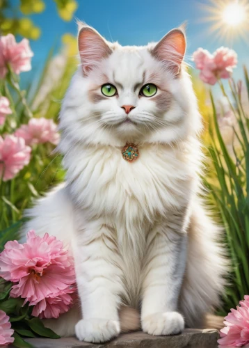 flower cat,turkish angora,cute cat,blossom kitten,kurilian bobtail,siberian cat,white cat,birman,american curl,turkish van,blue eyes cat,cat image,breed cat,spring background,flower background,american bobtail,norwegian forest cat,springtime background,scottish fold,british shorthair,Illustration,Realistic Fantasy,Realistic Fantasy 21