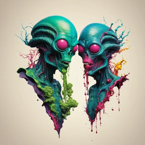 skull allover,psychedelic art,neon ghosts,skulls,alien,alien planet,heads,aliens,green icecream skull,extraterrestrial life,cancer illustration,sci fiction illustration,couple in love,lovers,polarity,alien world,two hearts,duality,lovesickness,scull,Photography,Artistic Photography,Artistic Photography 05
