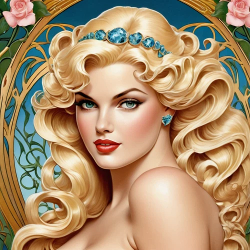 fairy tale character,gardenia,fantasy portrait,rapunzel,cinderella,elsa,aphrodite,emile vernon,white rose snow queen,jasmine,disney rose,fantasy art,pin ups,fairy queen,valentine pin up,jasmine blossom,fantasy woman,blonde woman,comely,rose flower illustration,Illustration,Retro,Retro 08