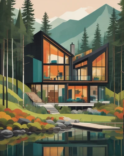 house in the mountains,house in mountains,the cabin in the mountains,house with lake,house by the water,mid century house,summer cottage,home landscape,house in the forest,log home,chalet,cottage,mountain huts,mid century modern,boathouse,beautiful home,lodge,holiday home,small cabin,modern house,Illustration,Vector,Vector 08