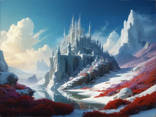 ice castle,fantasy landscape,northrend,ice landscape,snow landscape,fantasy picture,snow mountains,eternal snow,hoarfrost,winter landscape,mountain settlement,knight's castle,red cliff,snow mountain,snowy landscape,hall of the fallen,ice planet,3d fantasy,alpine crossing,snowy peaks