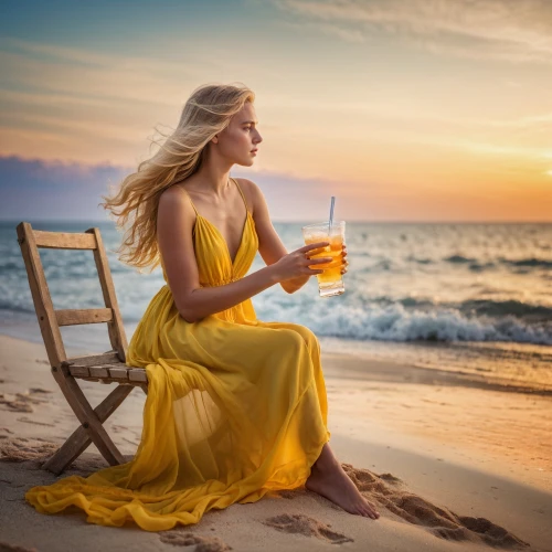 yellow jumpsuit,golden sands,beach background,summer evening,girl on the dune,golden light,malibu rum,beach bar,woman drinking coffee,aperitif,refreshment,woman with ice-cream,sea breeze,beach chair,relaxed young girl,beach restaurant,cocktail dress,beach furniture,passion fruit daiquiri,by the sea