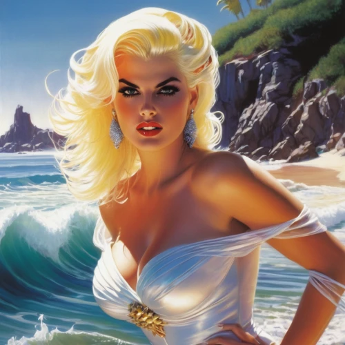 the blonde in the river,the sea maid,mamie van doren,marylyn monroe - female,aphrodite,marylin monroe,blonde woman,aphrodite's rock,beach background,annemone,jane russell-female,fantasy woman,the beach pearl,fantasy art,dream beach,merilyn monroe,pin ups,tiber riven,pin-up girl,sun and sea,Conceptual Art,Fantasy,Fantasy 20