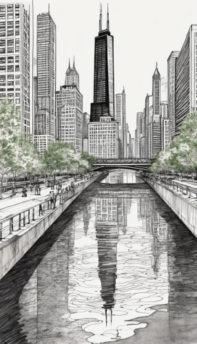 chicago,lakeshore,black city,city scape,lake shore,chicago skyline,waterway,city moat,the city,big city,willis tower,tall buildings,urban landscape,waterways,city life,lake park,reservoir,cityscape,birds of chicago,city,Illustration,Black and White,Black and White 34