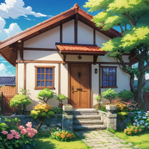 violet evergarden,home landscape,summer cottage,small house,springtime background,little house,studio ghibli,house painting,roof landscape,japanese sakura background,cottage,beautiful home,spring background,lonely house,sakura background,country cottage,country house,wooden house,country estate,seaside country,Illustration,Japanese style,Japanese Style 03