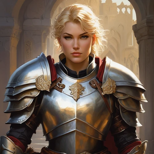 paladin,joan of arc,female warrior,fantasy portrait,jaya,heroic fantasy,knight armor,cuirass,cullen skink,swordswoman,crusader,blonde woman,breastplate,templar,fantasy warrior,warrior woman,heavy armour,eufiliya,armor,armour,Illustration,Realistic Fantasy,Realistic Fantasy 16