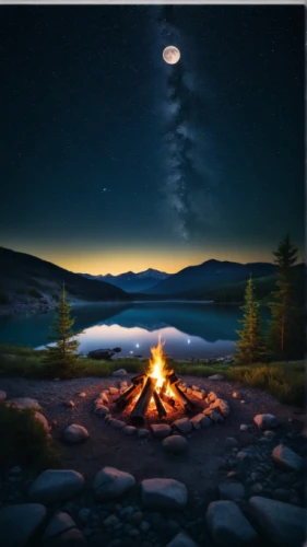 campfire,campfires,cd cover,meteor rideau,landscape background,camping,camp fire,night scene,firepit,campsite,fire pit,campire,campground,the night of kupala,camping car,fire bowl,moonlit night,moonrise,oil painting on canvas,fire in the mountains