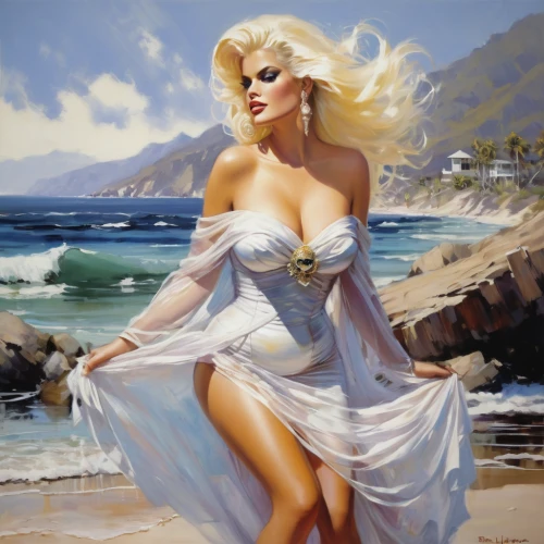 marylyn monroe - female,mamie van doren,the sea maid,the blonde in the river,marylin monroe,blonde woman,annemone,aphrodite,white lady,retro pin up girl,aphrodite's rock,pinup girl,vintage art,beach landscape,pin-up girl,italian painter,pin-up model,fantasy art,merilyn monroe,pin ups,Conceptual Art,Oil color,Oil Color 09