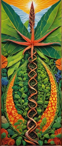 pachamama,dna helix,rod of asclepius,anahata,indigenous painting,ayurveda,mantra om,permaculture,dna strand,vigna radiata,quetzal,serpent,tendril,khokhloma painting,regenerative,celtic tree,earth chakra,herbal cradle,el salvador dali,maguey worm,Art,Artistic Painting,Artistic Painting 40