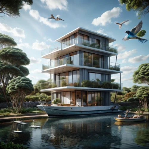 house by the water,floating island,cube stilt houses,floating islands,floating huts,stilt house,dunes house,stilt houses,houseboat,3d rendering,tropical house,house of the sea,house with lake,artificial island,flying island,luxury property,sky apartment,eco hotel,cubic house,futuristic architecture