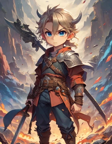 meteora,dragon slayer,leo,adventurer,alibaba,link,game illustration,fantasy warrior,bonifacio,fire background,king arthur,etna,king sword,dragon li,cloud,vane,cg artwork,kid hero,knight,violet evergarden,Digital Art,Anime