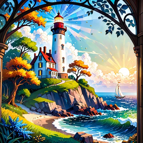 lighthouse,light house,coastal landscape,landscape background,electric lighthouse,red lighthouse,petit minou lighthouse,an island far away landscape,sea landscape,ocean view,fantasy landscape,delight island,robert duncanson,summer cottage,seaside resort,window with sea view,seaside country,seaside view,children's background,home landscape,Anime,Anime,Cartoon