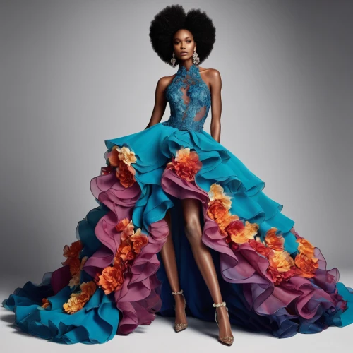 ball gown,hoopskirt,dress form,fashion illustration,showpiece,fashion design,fashion dolls,beautiful african american women,evening dress,with a bouquet of flowers,african american woman,blue chrysanthemum,afroamerican,gown,floral poppy,vogue,floral composition,haute couture,fabric flowers,african daisies,Photography,Fashion Photography,Fashion Photography 01