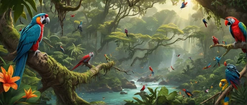 tropical birds,macaws,macaws of south america,macaws blue gold,parrots,blue macaws,bird kingdom,toucans,rain forest,scarlet macaw,colorful birds,bird bird kingdom,macaw,tropical animals,macaw hyacinth,rainforest,tropical bird climber,couple macaw,tropical jungle,birds on a branch,Illustration,American Style,American Style 13