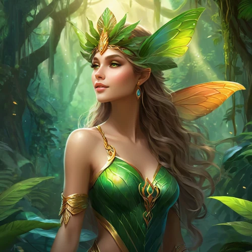 dryad,faerie,fantasy portrait,spring leaf background,faery,flora,fae,marie leaf,poison ivy,the enchantress,tiana,fantasy art,fairy queen,fantasy woman,anahata,leaf background,elven flower,natura,fantasy picture,water nymph,Illustration,Realistic Fantasy,Realistic Fantasy 01