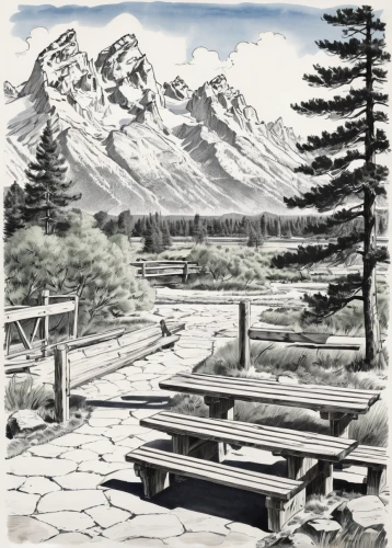picnic table,campground,cool woodblock images,campsite,alpine meadows,salt meadow landscape,benches,barbecue area,outdoor table,table shuffleboard,outdoor bench,beer tables,travel trailer poster,park bench,vintage drawing,lillooet,alpine restaurant,mountain scene,matruschka,outdoor recreation,Illustration,Paper based,Paper Based 30