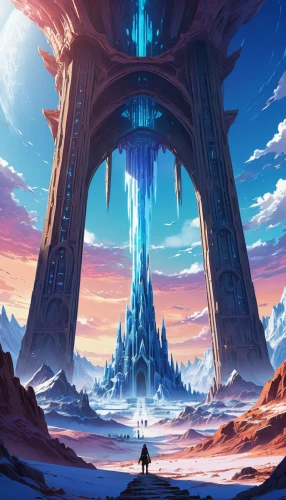 futuristic landscape,ice planet,portal,ice castle,hall of the fallen,atlantis,sentinel,cg artwork,citadel,stargate,fantasia,mesa,alien world,monolith,3d fantasy,valerian,sci fiction illustration,pillars,barren,fantasy landscape,Illustration,Japanese style,Japanese Style 03