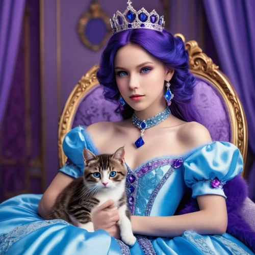 princess sofia,cinderella,royal,purple,princesses,princess,miss circassian,la violetta,cosplay image,doll cat,fairy tale character,a princess,regal,cat image,heart with crown,tiara,alice in wonderland,purple blue,royalty,alice,Photography,General,Realistic