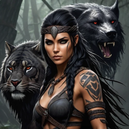 warrior woman,female warrior,huntress,black shepherd,fantasy art,fantasy portrait,scar,ursa,fantasy picture,howling wolf,maori,dark elf,heroic fantasy,sorceress,cat warrior,wolves,the enchantress,black warrior,callisto,wolf hunting