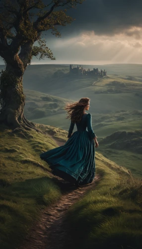 celtic woman,hobbiton,fantasy picture,celtic queen,little girl in wind,girl in a long dress,scotland,digital compositing,fae,photo manipulation,merida,photomanipulation,a fairy tale,fairy tale,fantasy landscape,enchanting,girl with tree,fairytale,ireland,idyll,Photography,General,Fantasy