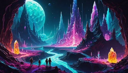 alien world,futuristic landscape,fantasy landscape,alien planet,ice cave,ice planet,3d fantasy,chasm,mushroom landscape,space art,fairy world,vast,lava cave,valley of the moon,geode,cave,sci fiction illustration,stalagmite,fantasy picture,colorful foil background,Conceptual Art,Daily,Daily 07