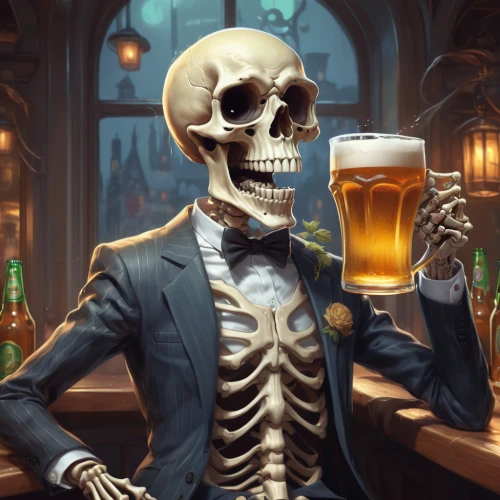 skeleltt,vintage skeleton,bartender,dance of death,skull allover,barman,day of the dead skeleton,pub,memento mori,drunkard,danse macabre,el dia de los muertos,rotglühender poker,craft beer,a pint,beer cocktail,scull,calavera,beer,skull bones,Conceptual Art,Fantasy,Fantasy 01