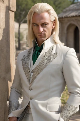 male elf,cullen skink,male character,suit of the snow maiden,frock coat,imperial coat,tyrion lannister,ocelot,witcher,father frost,cosplay image,white eagle,formal wear,shoulder pads,aquaman,silver fox,suit of spades,cravat,the groom,man's fashion,Photography,Realistic