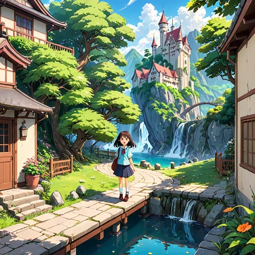 studio ghibli,fantasy world,dream world,3d fantasy,knight village,wishing well,wonderland,fantasy city,fairy world,resort town,fairy village,mountain village,mountain spring,akko,aurora village,magical adventure,mountain world,bird kingdom,scenery,idyllic,Anime,Anime,Traditional