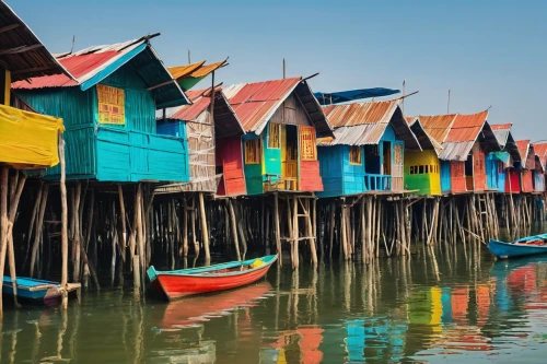 stilt houses,floating huts,cube stilt houses,beach huts,wooden boats,stilt house,wooden houses,fishing village,hanging houses,fishing boats,southeast asia,huts,small boats on sea,inle lake,boat yard,row boats,row of houses,teal blue asia,rowboats,gondolas,Conceptual Art,Oil color,Oil Color 24